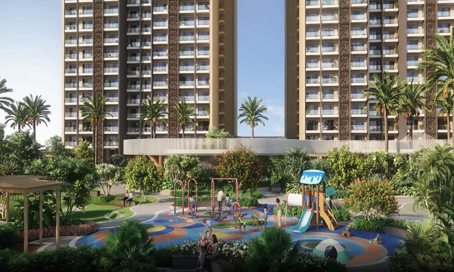 Evening view of the Pardos Sakura residential project in Sector 90 Gurgaon, featuring landscaped greenery and modern high-rise apartment towers
